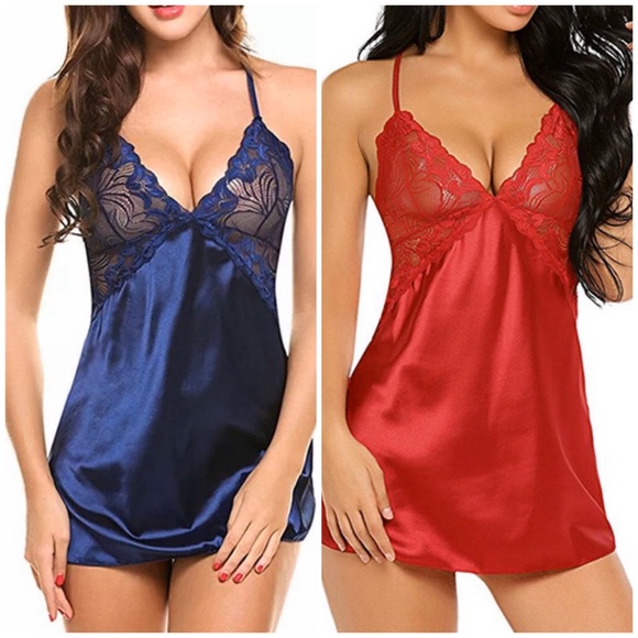 NWT Sexy Black Satin Lace Dress & Thong Set - Picture 3 of 4